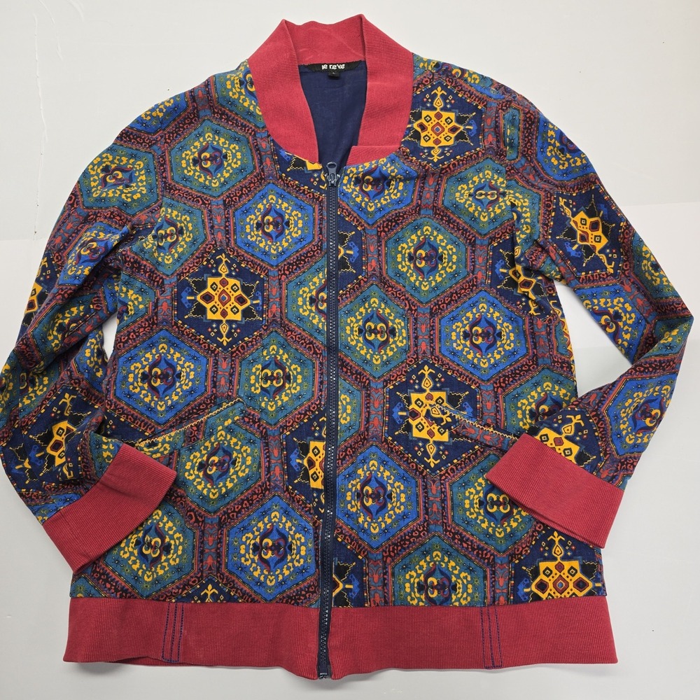 Le Reve Mens Large Geometric Hexagon Print Bomber‎ Jacket Blue Red Cotton Blend